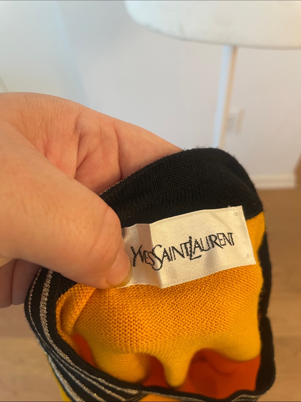Vintage Yves Saint Laurent Mustard Yellow Sweater Square Neck Knit Top Black Tri - Picture 6 of 10